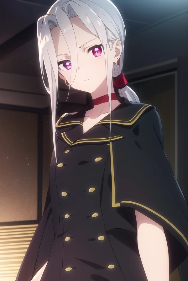 izettasophie, <lora:izetta sophie s1-lora-nochekaiser:1>,
sophie, long hair, bangs, (red eyes:1.3), hair between eyes, ponytail, grey hair, low ponytail, (parted bangs:1.5),
BREAK jewelry, earrings, choker, cape, uniform, military, military uniform, buttons, epaulettes, red choker,
BREAK indoors,
BREAK looking at viewer, dynamic pose,
BREAK <lyco:GoodHands-beta2:1>, (masterpiece:1.2), best quality, high resolution, unity 8k wallpaper, (illustration:0.8), (beautiful detailed eyes:1.6), extremely detailed face, perfect lighting, extremely detailed CG, (perfect hands, perfect anatomy),