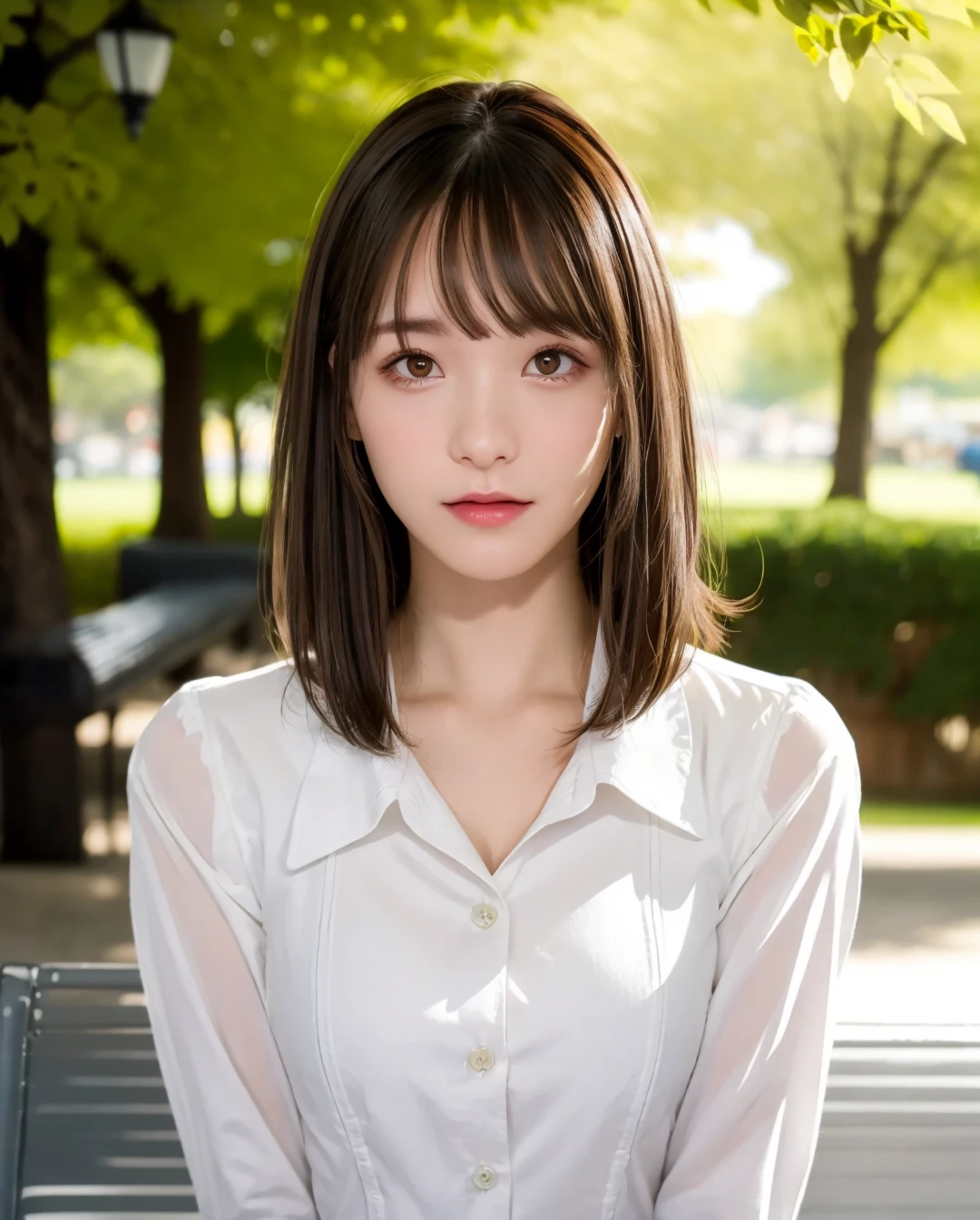 best quality, photorealistic, 8k, high res, full color, 1girl, woman, 20 years old woman, (closed mouth:1.43), (skindentation), trees, park bench, daylight, ((park background:1.52)), full color, ((white buttoned shirt:1.58)), looking at viewer:1.8, (1girl eyes looking at viewer:1.55), (medium hair, brownhair, partedbangs:1.85), (bokeh), <lora:AAV-yuka2:0.64>