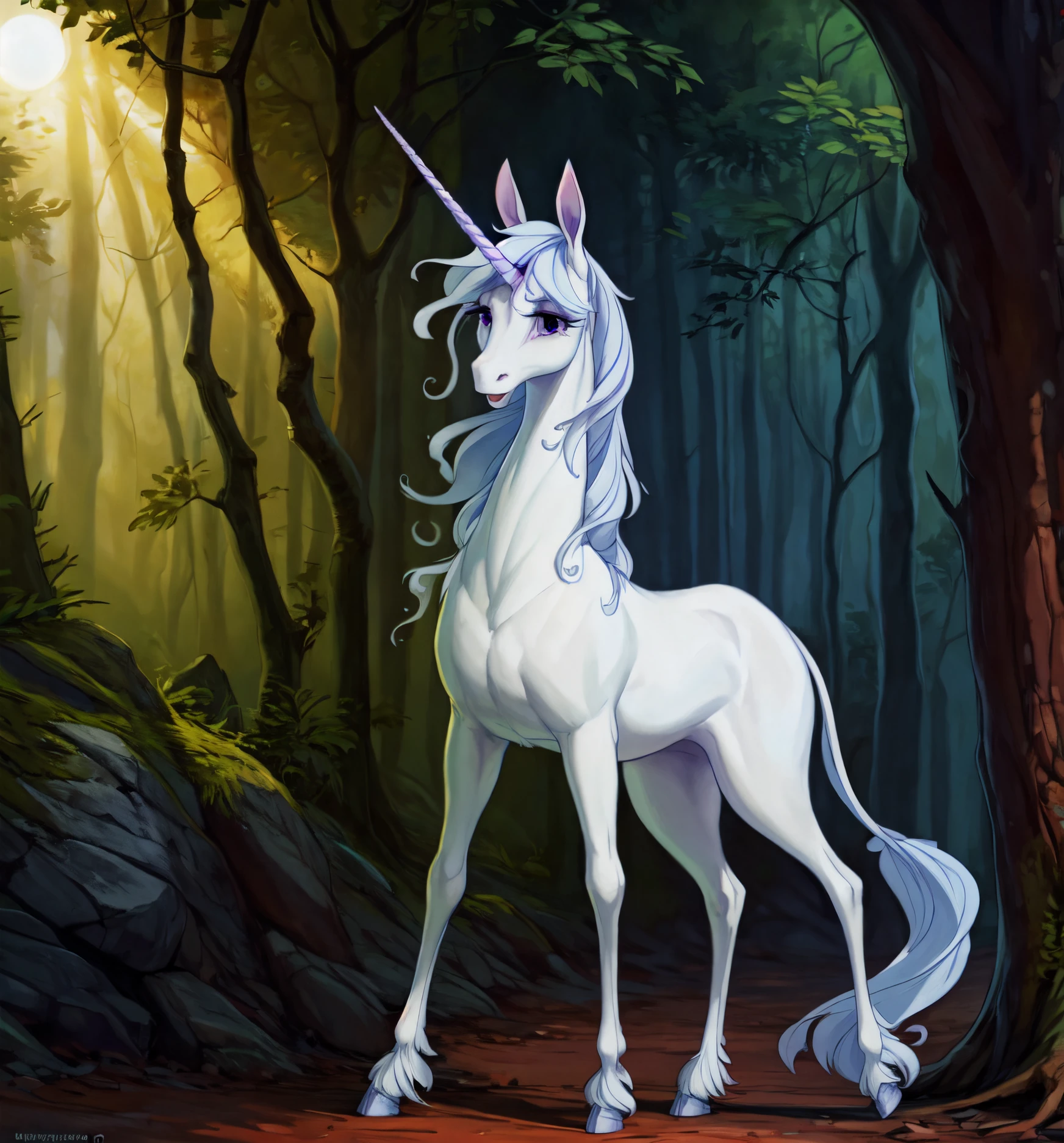 solo, feral, (unicorn), blue hooves, (ankle tuft), Amalthea, (amalthea (tlu)),(the last unicorn ),(large eyes),equine, (purple star on forehead), (thin legs), (one horn), (big eyes), (anime), (mythological equine), (light blue mane), detailed eyes, slender, tall, gracile, (eyelashes ),(purple eyes), curly hair, white body, white coat, (standing), tail, full body view, (front view), (side view:0.5), looking at viewer, day time, sun, green forest, summer forest, magic, (magic glow), in a lush fantasy forest, (best quality), masterpiece, best quality, 4k, 2k, (high detail),{1-4$$by Faustsketcher|by Jessie Willcox Smith|by Albert Marquet|by Cyril Rolando|by TheSecretCave|by Patto} <lora:Amalthea:0.85>