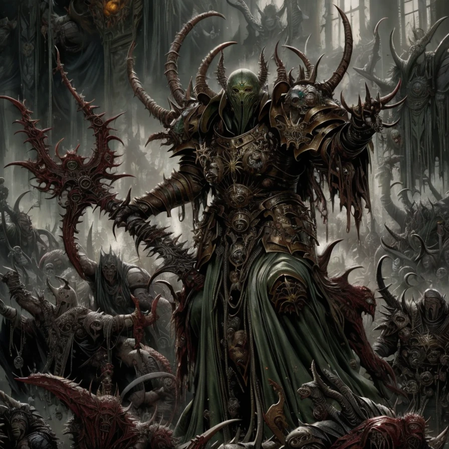 (masterpiece:1.2), (best quality,:1.2), 8k, HDR, ultra detailed, ((photorealistic)), professional light, cinematic lighting, ambient lighting,<lora:detail_slider_v4:1>, OverallDetail, DarkFantasy, a male chaos sorcerer, wearing intricate green robes, pestilence, mutations, SerCa, <lora:ServantsOfChaos-10:1>, in the style of Warhammer Fantasy, Nurgle, epiCPhoto