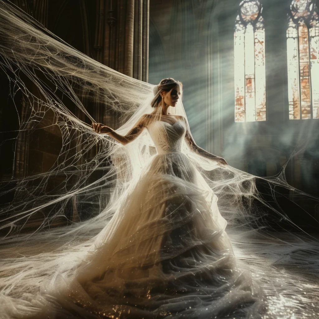spiderweb bride in the cathedral entwined in a spider's web, cinematic, photorealistic very detailed, professional photo <lora:spiderweb:1>