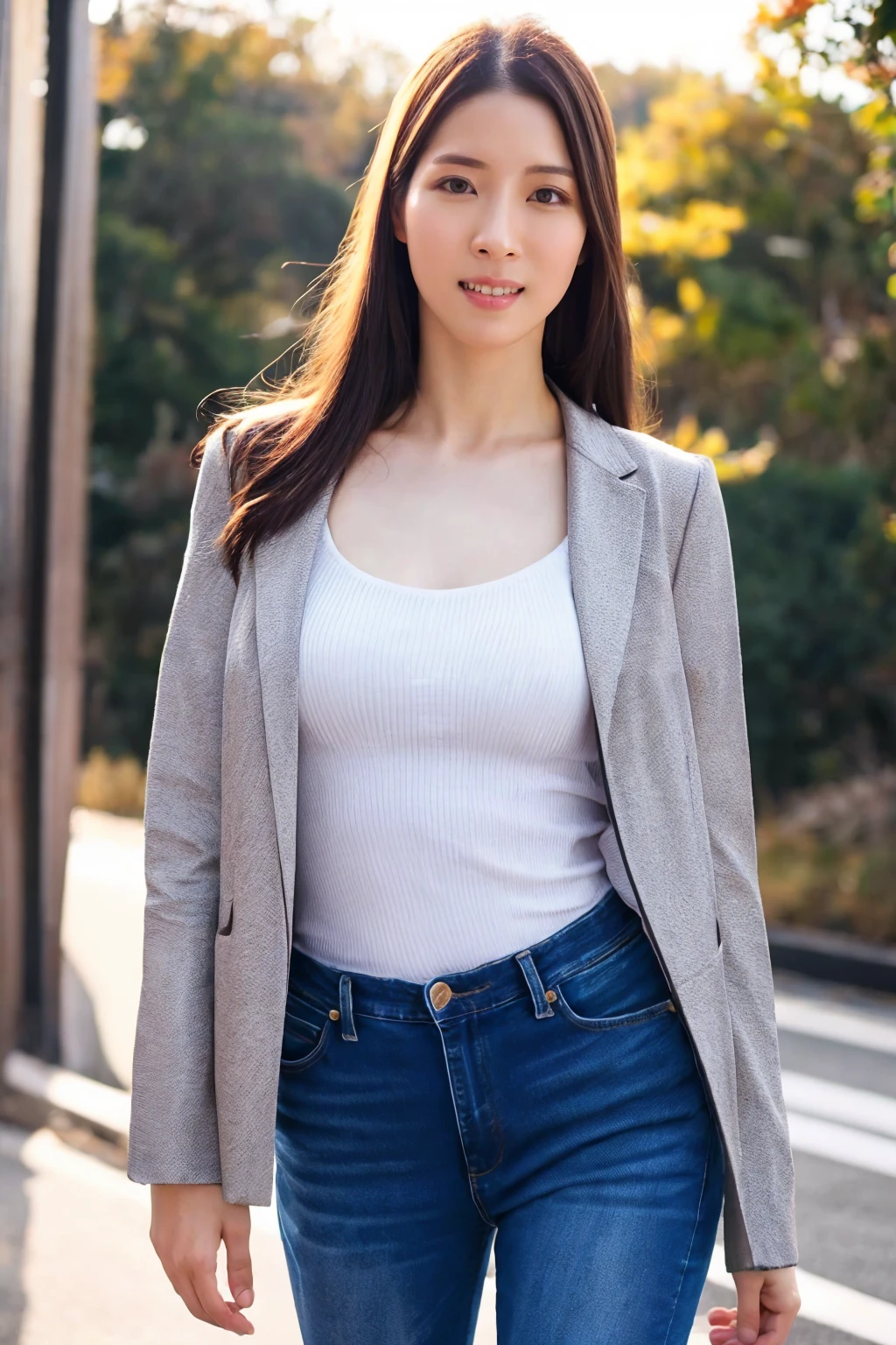 1girl, wakaninomiya_jav, breasts, long hair,  brown eyes, <lora:JAV_waka_ninomiya_v1.1-000010:1.0>,  standing, looking at viewer, wearing blouse and jeans, jacket, cowboy shot,
dynamite lighting, attractive body,
(ulzzang-6500:0.0), (ultimate quality, masterpiece, highres:1.0), (photorealistic, realistic:1.9),  nice hands, <lora:GoodHands-beta2:1>, realistic human face, realistic human skin,