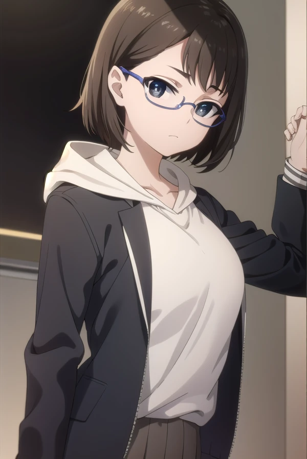yumiiguchi, <lora:yumi iguchi s1-lora-nochekaiser:1>,
yumi iguchi, short hair, brown hair, black hair, glasses, (black eyes:1.3),
BREAK skirt, shirt, jacket, white shirt, hood, hoodie,
BREAK indoors, office,
BREAK looking at viewer, dynamic pose,
BREAK <lyco:GoodHands-beta2:1>, (masterpiece:1.2), best quality, high resolution, unity 8k wallpaper, (illustration:0.8), (beautiful detailed eyes:1.6), extremely detailed face, perfect lighting, extremely detailed CG, (perfect hands, perfect anatomy),