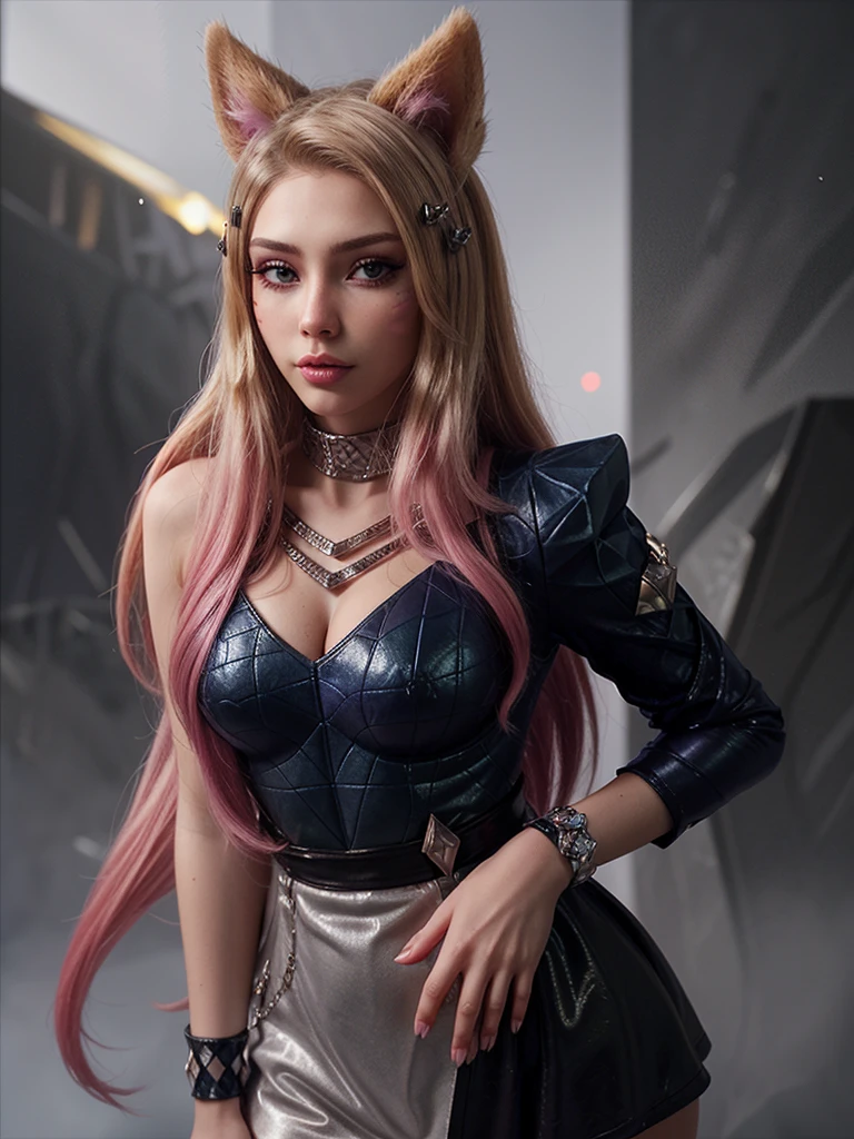 1girl, ahrikda, fox ears, 2tone hair, ((official k/da_(league_of_legends) outfit)), just a long sleeve, ((close up, headshot)), ((extremely detailed face)), simple background,