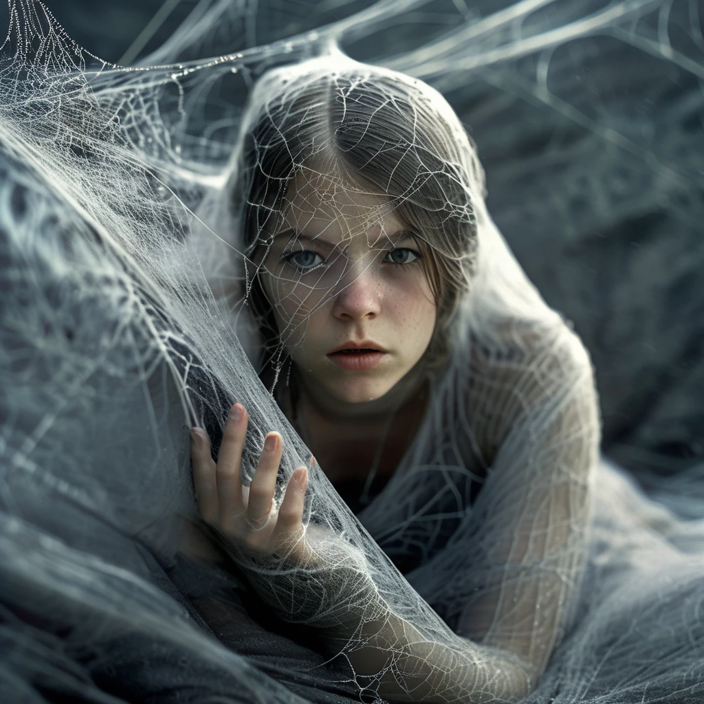spiderweb a girl full body wrapped in a spider's web, cinematic, photorealistic very detailed, professional photo <lora:spiderweb:1>