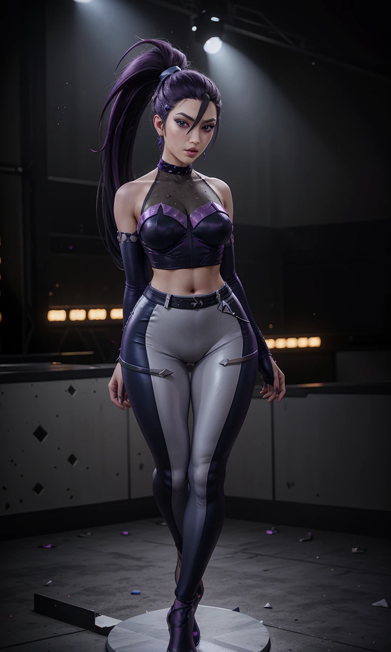 1girl, kaisakda, purple hair, long haired ponytail, ((official k/da_(league_of_legends))), ((costume)), pants, dark background, (concert:1.5), in a concert, lights behind, full body, high heels,