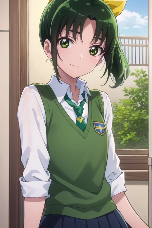 naomidorikawa, <lora:nao midorikawa s1-lora-nochekaiser:1>,
nao midorikawa, short hair, (green eyes:1.3), ponytail, green hair, ribbon, hair ribbon, smile,
BREAK skirt, school uniform, necktie, sleeves rolled up, sweater vest, green necktie, nanairogaoka middle school uniform,
BREAK indoors,classroom,
BREAK looking at viewer, dynamic pose,
BREAK <lyco:GoodHands-beta2:1>, (masterpiece:1.2), best quality, high resolution, unity 8k wallpaper, (illustration:0.8), (beautiful detailed eyes:1.6), extremely detailed face, perfect lighting, extremely detailed CG, (perfect hands, perfect anatomy),