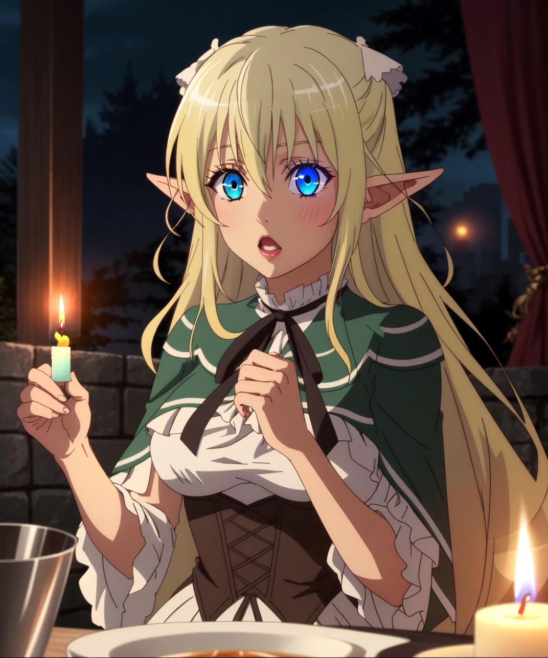 lilulu_(choyoyu), 1girl, solo, long hair, blue eyes, blonde hair, hair between eyes, upper body, frills, pointy ears, :o, capelet, heterochromia, elf, holding candle, candlelight, <lora:Lyrule-20:0.8>