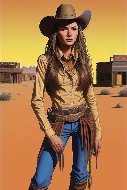 Moebius art style full-body portrait: young woman (long brown hair) in a practical cowgirl outfit, stands confidently against the backdrop of a deserted Eldorado (Wild West town), vibrant day setting with dusty tones, detailed in ultrafine detail.