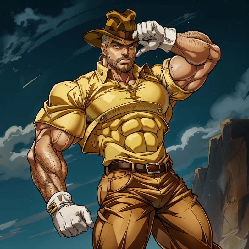 (RAW photo), <lora:OldJosephJoestar:0.9>, josephjoestar, absurdres, yellow shirt, short sleeves, brown pants, hat, dynamic pose, white gloves