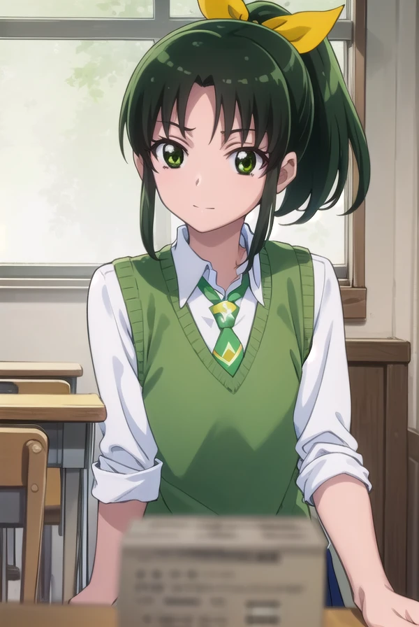naomidorikawa, <lora:nao midorikawa s1-lora-nochekaiser:1>,
nao midorikawa, short hair, (green eyes:1.3), ponytail, green hair, ribbon, hair ribbon, smile,
BREAK skirt, school uniform, necktie, sleeves rolled up, sweater vest, green necktie, nanairogaoka middle school uniform,
BREAK indoors,classroom,
BREAK looking at viewer, dynamic pose,
BREAK <lyco:GoodHands-beta2:1>, (masterpiece:1.2), best quality, high resolution, unity 8k wallpaper, (illustration:0.8), (beautiful detailed eyes:1.6), extremely detailed face, perfect lighting, extremely detailed CG, (perfect hands, perfect anatomy),