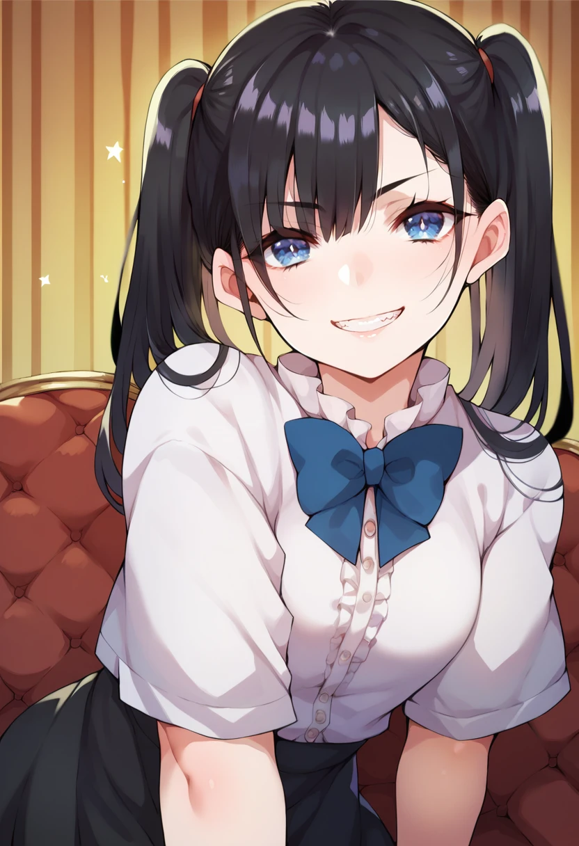 score_9, score_8_up, score_7_up, source_anime, 1girl,blue eyes,twintails, black hair, white blouse, black skirt, grin,looking at viewer, by mameko <lora:mameko-Style-PonyXL-000046:1>