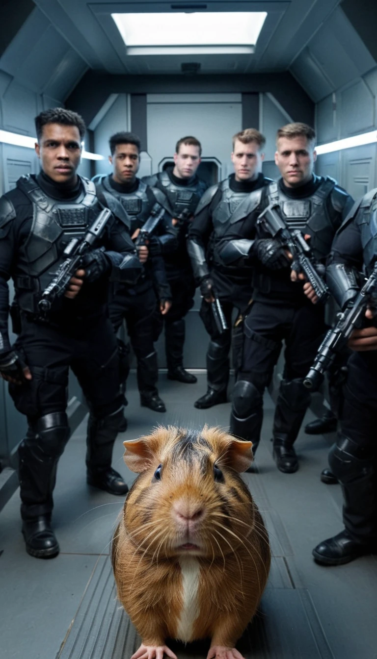 Science Fiction cinematic style stunning award winning portrait photo of a bunch of MMC marines inside a a spaceship trowing around a huge guinea pig, anamorphic,distorted lense,chromatic aberration,volumetric lighting,cinematic,epic composition, <lora:5A120B7E26:0.7>