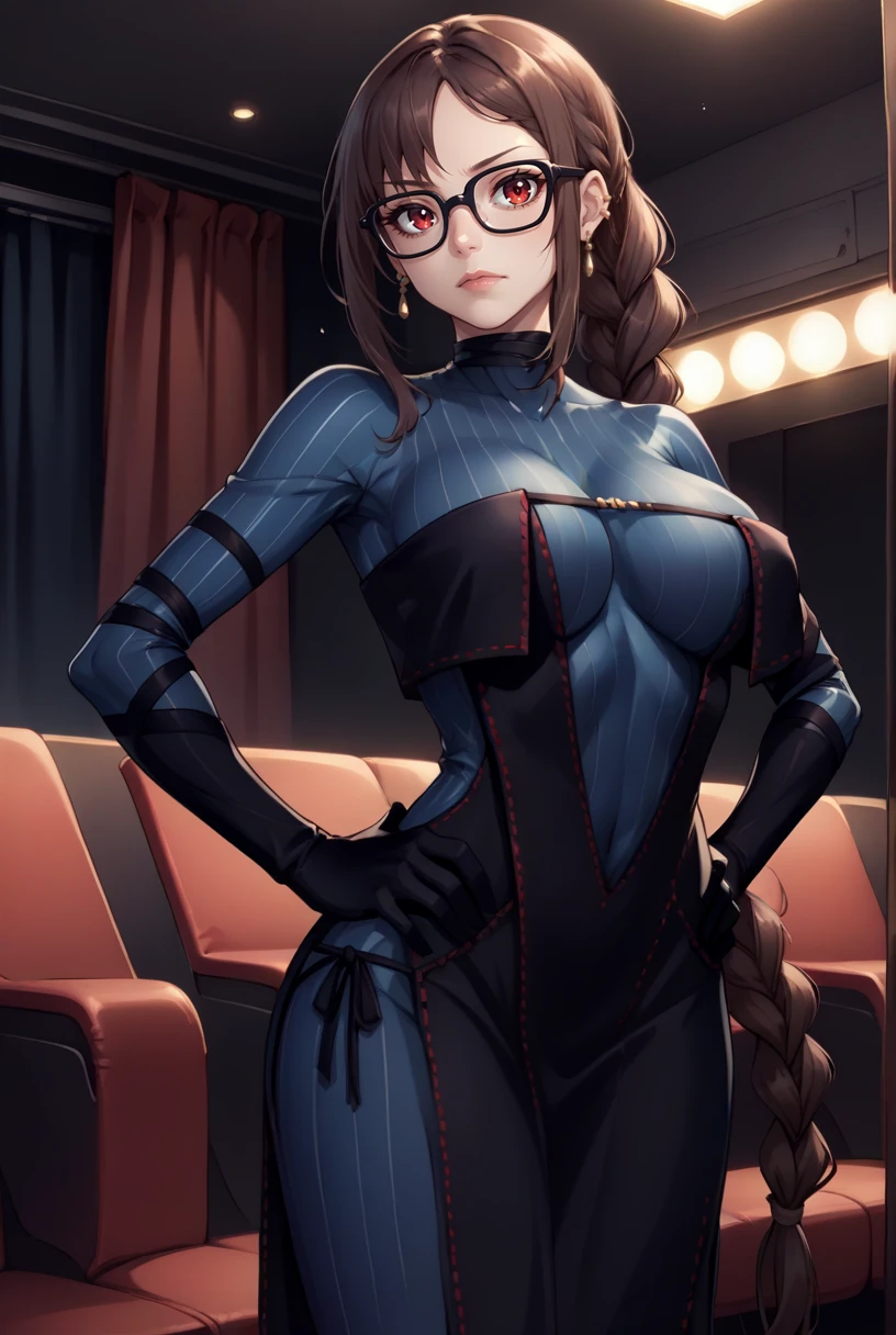 score_9, score_8_up, score_7_up, source_anime BREAK 1girl, solo, looking at viewer, cowboy shot, <lora:Yu_Mei-Ren_Psdxl:0.9>, Yu_Mei-Ren_FirstAsc, red eyes, glasses, black-framed eyewear, brown hair, braided ponytail, very long hair, black dress, blue bodysuit, vertical-striped bodysuit, ribbon-trimmed dress, sleeveless dress, side-tie dress, layered dress, hip vent, breast strap, side slit, black ribbon, black gloves, elbow gloves, black choker, multiple earrings, indoors, theater, curtains, dimly lit, large breasts, hands on own hips,