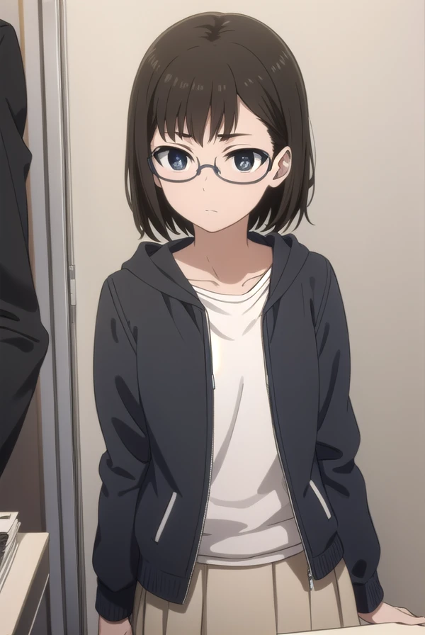 yumiiguchi, <lora:yumi iguchi s1-lora-nochekaiser:1>,
yumi iguchi, short hair, brown hair, black hair, glasses, (black eyes:1.3),
BREAK skirt, shirt, jacket, white shirt, hood, hoodie,
BREAK indoors, office,
BREAK looking at viewer, dynamic pose,
BREAK <lyco:GoodHands-beta2:1>, (masterpiece:1.2), best quality, high resolution, unity 8k wallpaper, (illustration:0.8), (beautiful detailed eyes:1.6), extremely detailed face, perfect lighting, extremely detailed CG, (perfect hands, perfect anatomy),