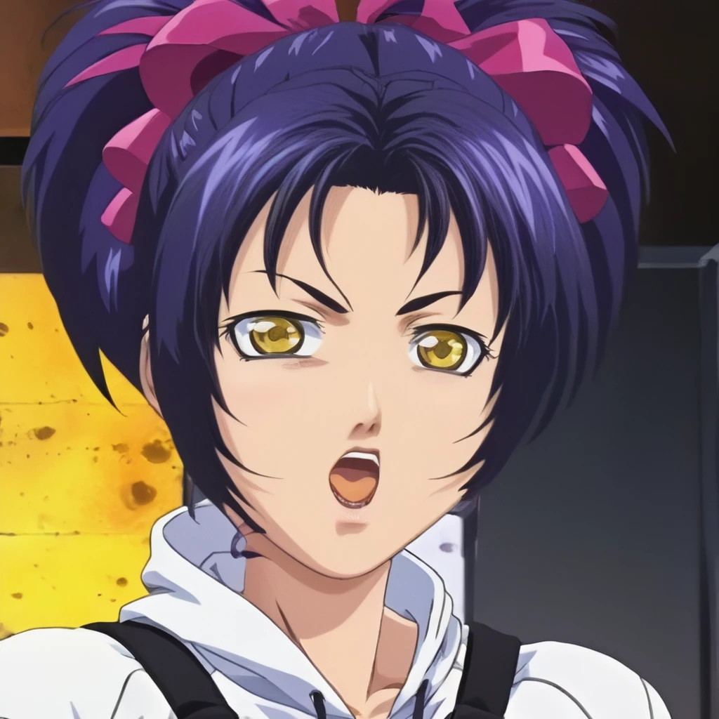 anime artwork of <lora:Bible Black style:0.2>
<lora:Nami kozono:0.9>
Nami kozono a woman with a surprised look on her face,1girl,solo,open mouth,black hair,yellow eyes,hood,parody ,purple hair, choppy hair, nerd, eroge,anime,manga,nsfw,cartoon,Adult animation,explicit,Original video animation, Baiburu Burakku style, Bible Black style, golden_eyes, anime style, key visual, vibrant, studio anime, highly detailed