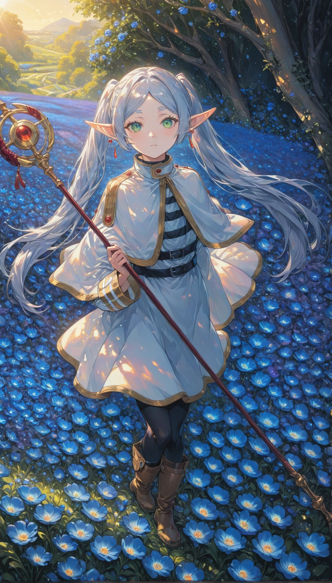 nereirfpnxl, frieren, rating:safe, 1girl, floral background, garden, flower, field, pointy ears, flower field, solo, colorful, blue flower, boots, pantyhose, twintails, staff, earrings, jewelry, petals, capelet, holding, elf, white capelet, looking at viewer, green eyes, long hair, long sleeves, standing masterpiece, best quality, intricate detail, cinematic lighting, amazing quality, amazing shading, detailed Illustration, official artwork, wallpaper, official art, extremely detailed eyes and face, beautiful detailed eyes
<lora:frieren_nereirfpnxl_xl:1> <lora:IOS_Iridescent_opal_style:0.8>