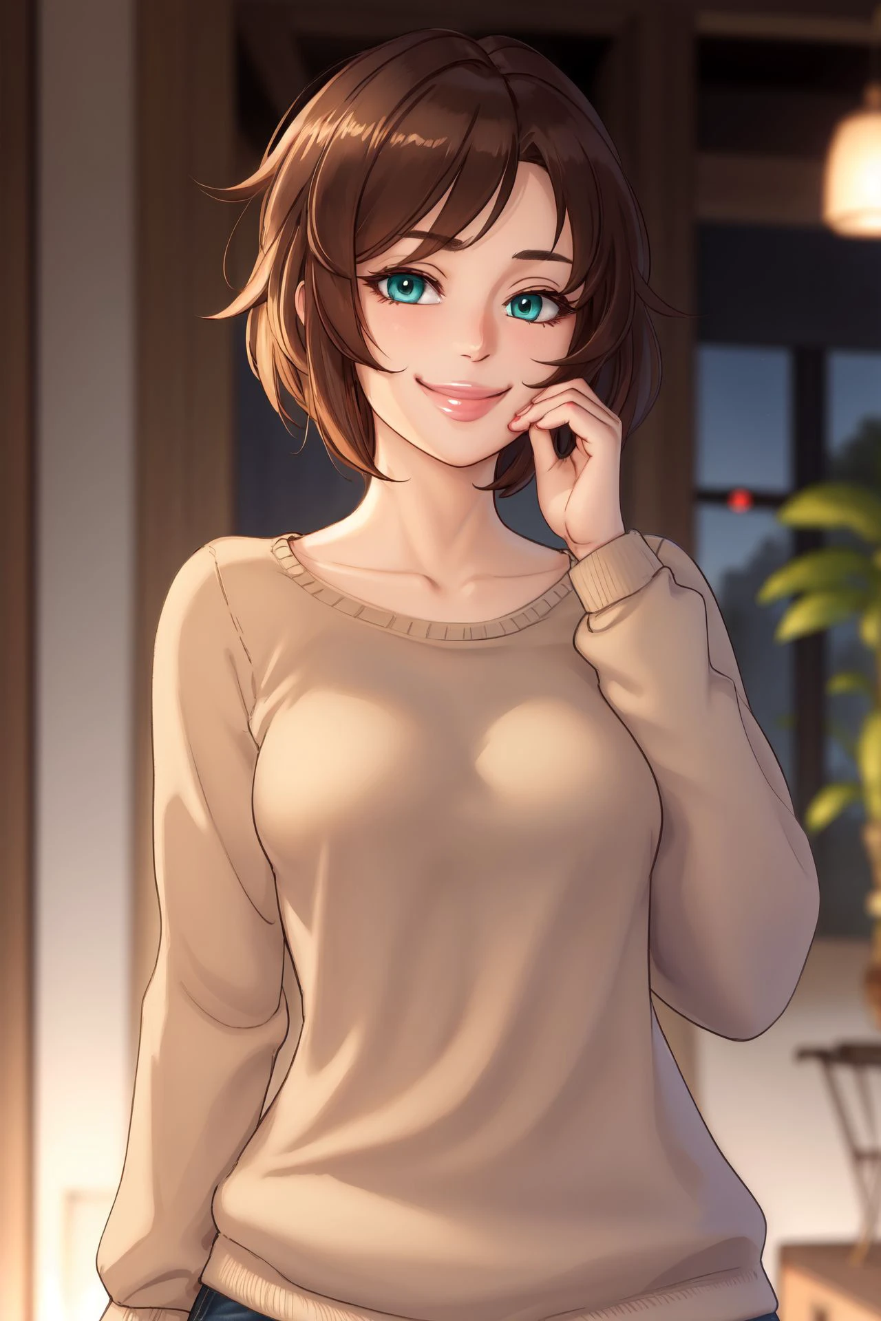 solo, 1girl, seductive smile, brown hair, pixie cut, breasts, aqua sweater, hand on own face <lora:Baalbuddy_style_v01.10.10:1>