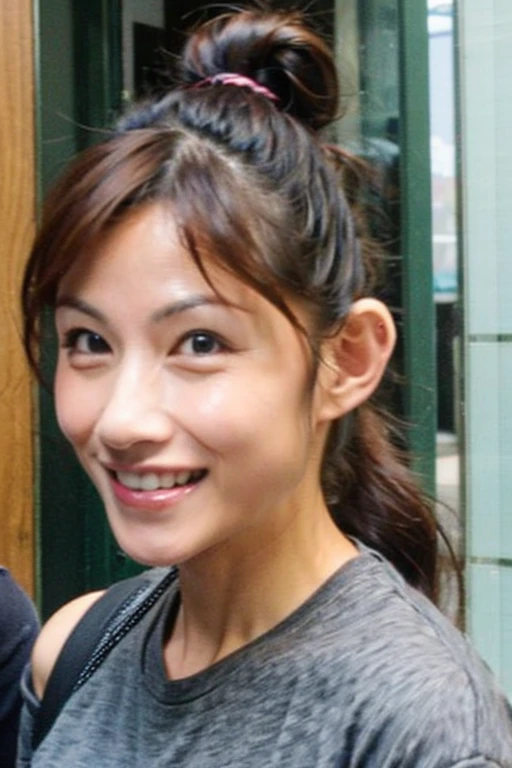 Best quality,masterpiece,ultra high res,(photorealistic:1.2),1girl,low key,slim body,taipei street alley,dynamic pose,face closeup,medium breasts,smile,<lora:nana_lee:1>,brown hair,high ponytail,
