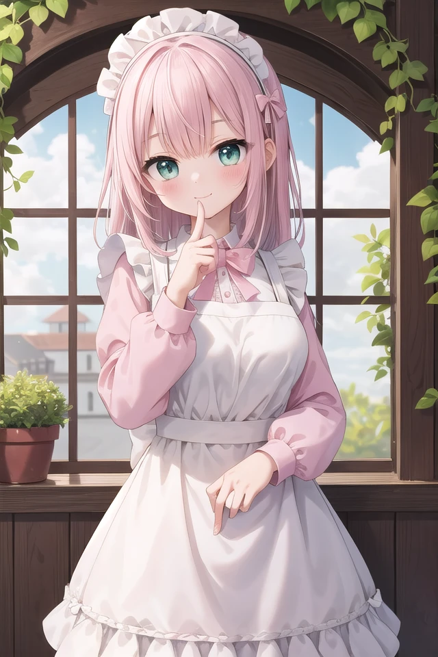 insanely detailed, absurdres, ultra-highres, ultra-detailed, best quality,
1girl, solo, nice hands, perfect hands,
BREAK
apron, blush, bow, bowtie, frilled apron, frills, long sleeves, maid, maid apron, maid headdress, waist apron, white apron
BREAK
smile, closed mouth
BREAK
finger to mouth, index finger raised, shushing, cowboy shot, looking at viewer,
BREAK
slender, kawaii, perfect symmetrical face, ultra cute girl, ultra cute face, ultra detailed eyes, ultra detailed hair, ultra cute, ultra beautiful,
BREAK
day, flower, ivy, leaf, indoors, open door, plant, potted plant, vines, window,
BREAK
white (pink:1.2) hair, green eyes, long hair, medium breasts, bangs, eyebrows visible through hair,