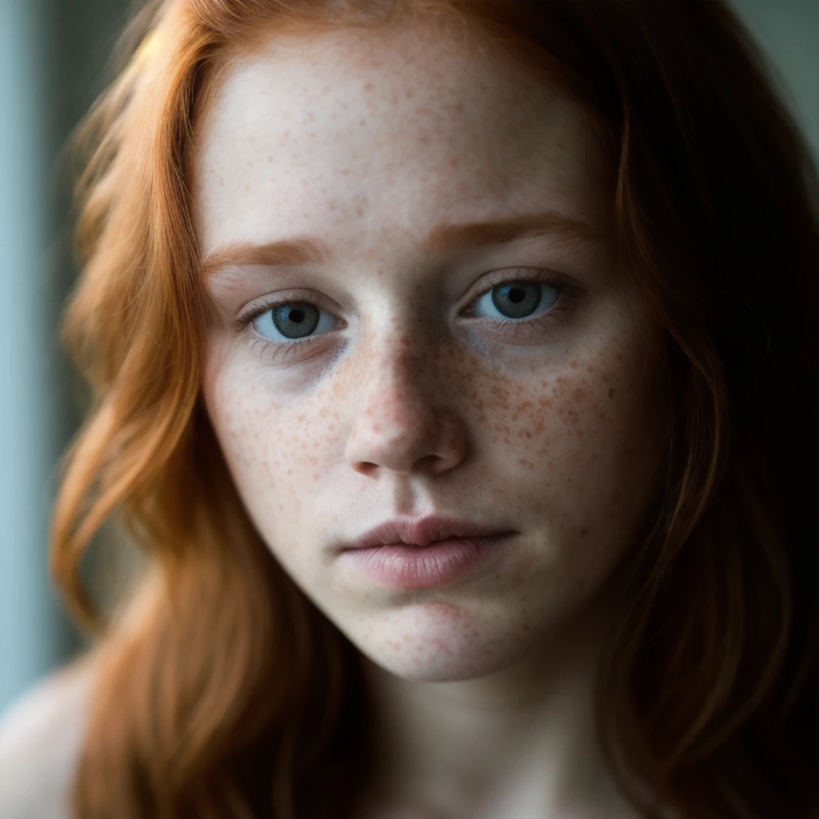 A photo of young pretty redhead freckled Karina, low key lighting, cinematic, sharp focus, intricate, dramatic light, (abstract narrative:1.1), Canon EOS 5D Mark IV, high emotional impact, experimental photography