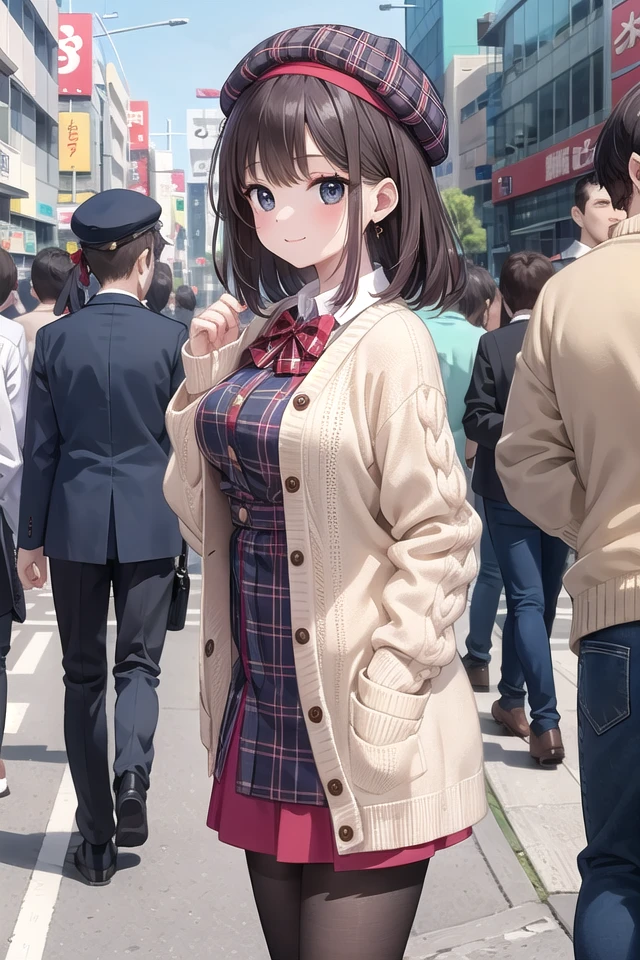 insanely detailed, absurdres, ultra-highres, ultra-detailed, best quality,
1girl, solo, nice hands, perfect hands
BREAK
(vintage-inspired beret with flower pin:1.3), (navy and red plaid dress:1.5), (golden buttons down the front:1.2), (ivory blouse with ruffle detailing and red bow tie:1.4), (peach cardigan with cable knit pattern:1.3), (black tights:1.1), (red Mary Jane shoes:1.2)
BREAK
happy smile, laugh, closed mouth, standing,
from side, standing, cowboy shot
BREAK
slender, kawaii, perfect symmetrical face, ultra cute girl, ultra cute face, ultra detailed eyes, ultra detailed hair, ultra cute, ultra beautiful
BREAK
shibuya, akihabara, tokyo, street, crowd, cityscape
BREAK
medium breasts,
(turquoise blue medium hair, black eyes), hime cut