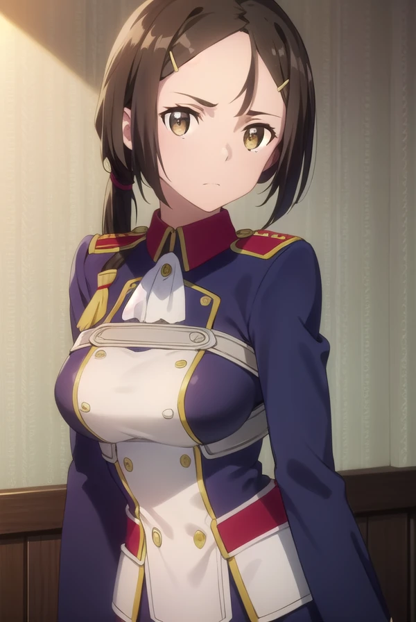 izettabianca, <lora:izetta bianca s1-lora-nochekaiser:1>,
bianca, black hair, hair ornament, (brown eyes:1.5), hairclip, ponytail,
BREAK pants, uniform, military, military uniform,
BREAK indoors, office,
BREAK looking at viewer, dynamic pose,
BREAK <lyco:GoodHands-beta2:1>, (masterpiece:1.2), best quality, high resolution, unity 8k wallpaper, (illustration:0.8), (beautiful detailed eyes:1.6), extremely detailed face, perfect lighting, extremely detailed CG, (perfect hands, perfect anatomy),