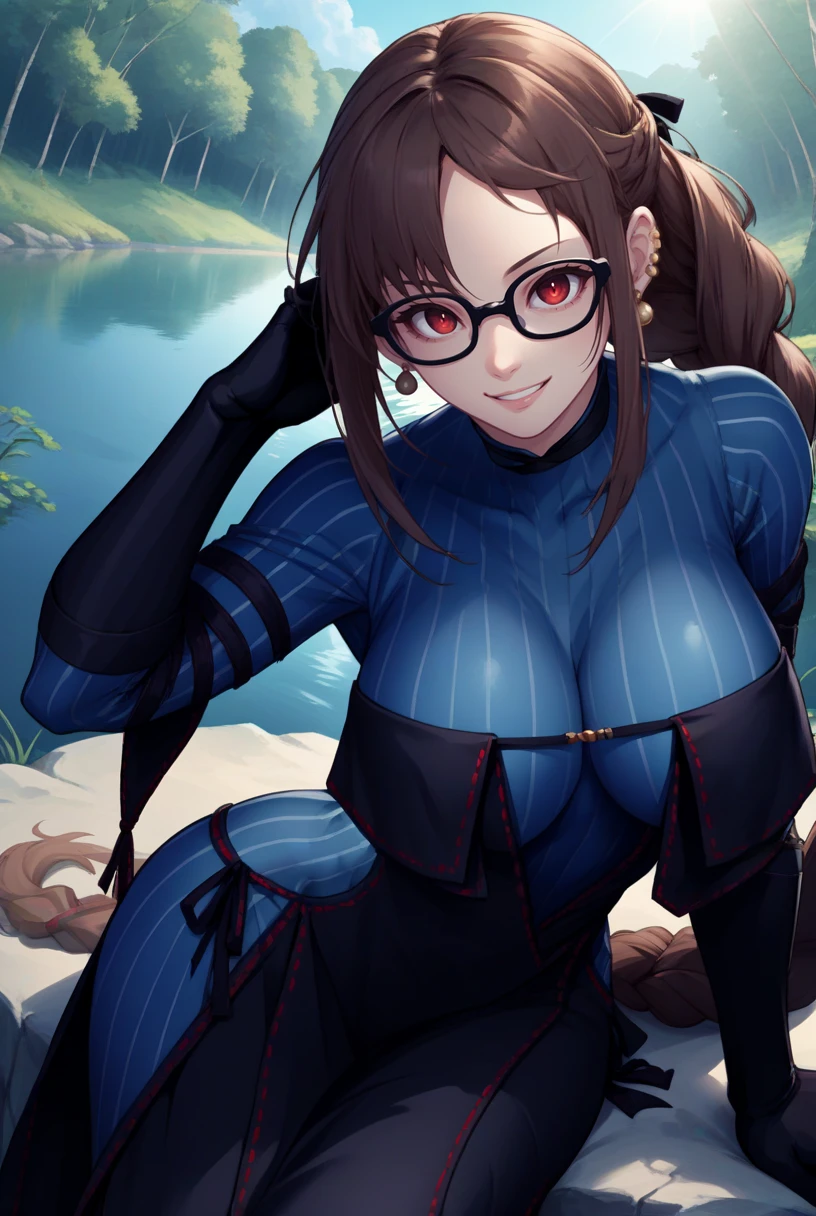 score_9, score_8_up, score_7_up, source_anime BREAK 1girl, solo, looking at viewer, cowboy shot, <lora:Yu_Mei-Ren_Psdxl:1>, Yu_Mei-Ren_FirstAsc, red eyes, glasses, black-framed eyewear, brown hair, braided ponytail, very long hair, black dress, blue bodysuit, vertical-striped bodysuit, ribbon-trimmed dress, sleeveless dress, side-tie dress, layered dress, hip vent, breast strap, side slit, black ribbon, black gloves, elbow gloves, black choker, multiple earrings, outdoors, nature, forest, lake, sunlight, cloudy sky, large breasts, floating hair, leaning forward, seductive smile, hand to head, sitting, on side, dutch angle,