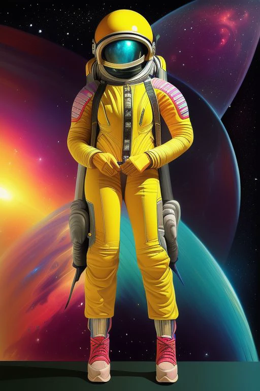 art style by mobius, astronaut, background, colorful, colorful nebula planetary background, day, fullbody, helmet, high-heeled, legs, lips, multiple girls, pants, raw, science fiction, shoes, standing, stylize, ultrafine details, without