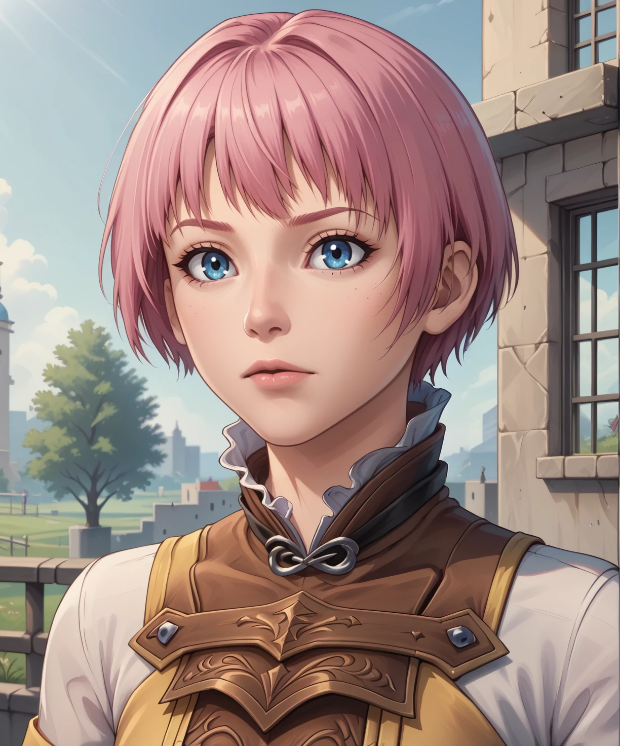 yulie,blue eyes,pink hair,
standing,upper body,
outdoors,
(insanely detailed, masterpiece, best quality),solo,<lora:yulieWNC:0.8>,