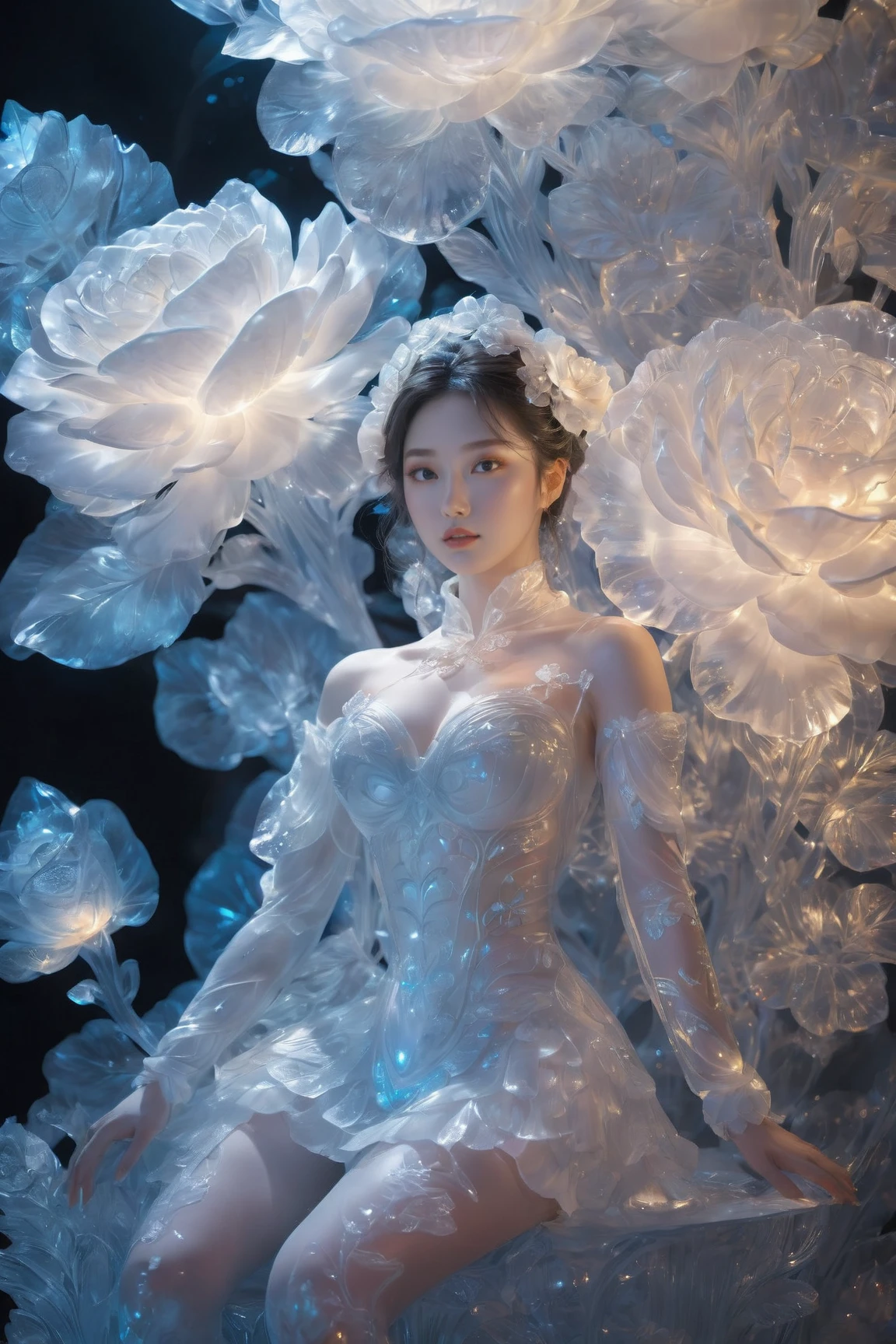 (a statue of a girl carved from ice, the body is completely transparent:1.6), (glowing fluorescent effect), Korean idol face, wavy hair, from below, (upper thighs shot), ice flowers<lora:EMS-310343-EMS:0.800000>