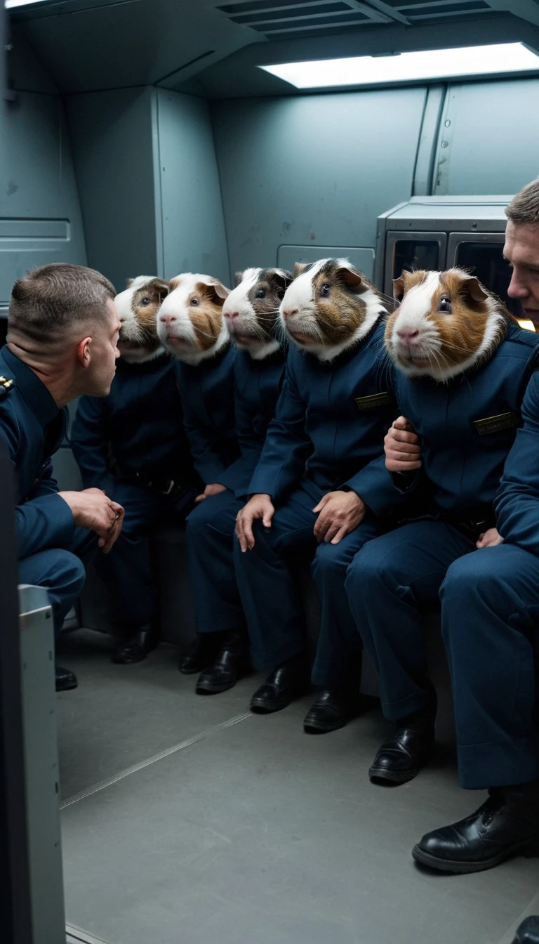 Science Fiction cinematic style stunning award winning portrait photo of a bunch of MMC marines inside a a spaceship taking cover behind a a huge guinea pig, anamorphic,distorted lense,chromatic aberration,volumetric lighting,cinematic,epic composition, <lora:5A120B7E26:0.7>