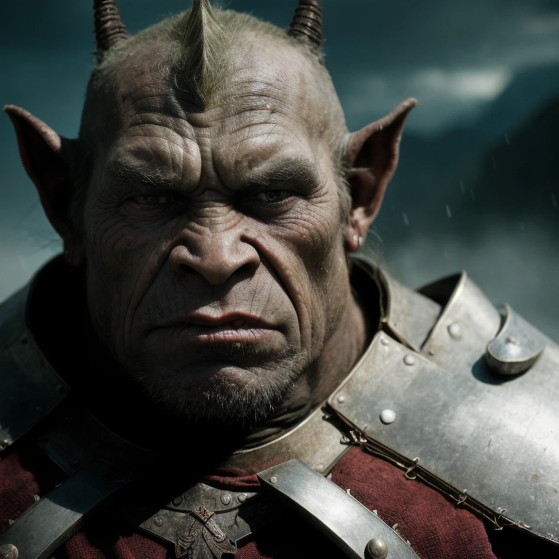 medium close up, stunning illustration of an orc warrior in medieval armor, epic composition, proud, at night, dark fantasy, gloomy, dramatic, emotional depth, cinematic, sharp focus, intricate, dramatic light, (abstract narrative:1.1), Canon EOS 5D Mark IV, high emotional impact, experimental photography
