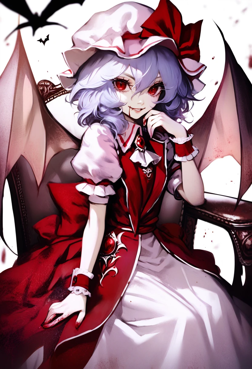 score_9, score_8_up, score_7_up, score_6_up, <lora:DPOXL:1> <lora:banpai akiraXL_JS2_lokr_V12:1>1girl, remilia scarlet, solo, wings, bat wings, hat, sitting, red eyes, wrist cuffs, blood, short hair, dress, ribbon, jewelry, chair, brooch, ascot, hat ribbon, looking at viewer, puffy sleeves, smile