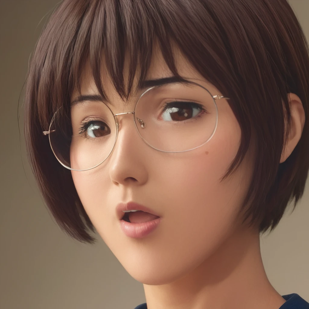 Short black hair girl,Wear glasses for myopia,largeeyes,long eyelasher,ass facing me。