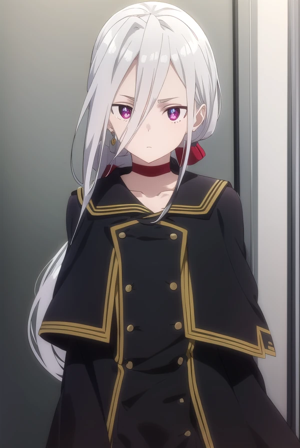 izettasophie, <lora:izetta sophie s1-lora-nochekaiser:1>,
sophie, long hair, bangs, (red eyes:1.3), hair between eyes, ponytail, grey hair, low ponytail, (parted bangs:1.5),
BREAK jewelry, earrings, choker, cape, uniform, military, military uniform, buttons, epaulettes, red choker,
BREAK indoors,
BREAK looking at viewer, dynamic pose,
BREAK <lyco:GoodHands-beta2:1>, (masterpiece:1.2), best quality, high resolution, unity 8k wallpaper, (illustration:0.8), (beautiful detailed eyes:1.6), extremely detailed face, perfect lighting, extremely detailed CG, (perfect hands, perfect anatomy),