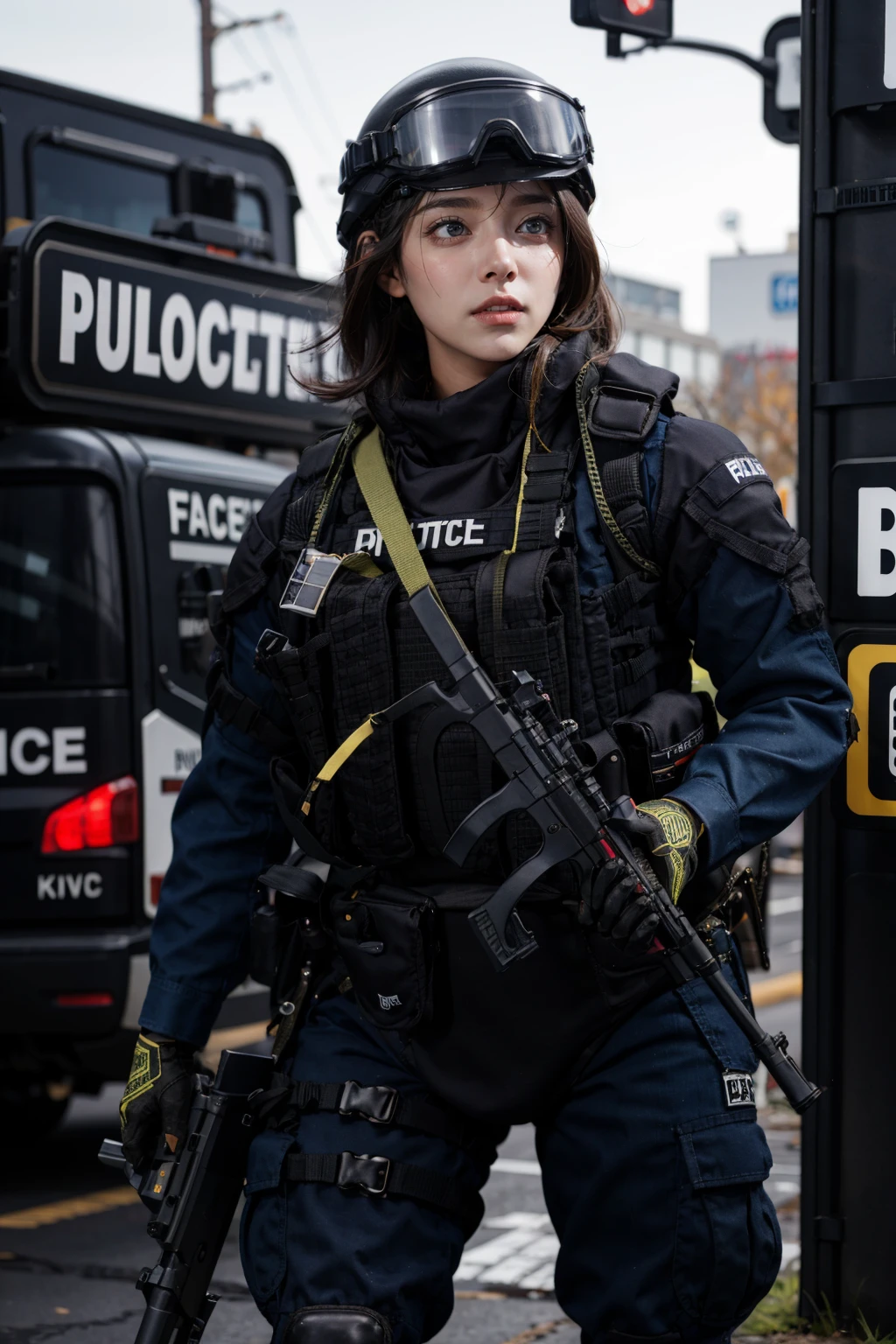 solo,outdoors,cityscape,<lora:0299 New York City Police Department_v1:0.9>,ruanyi0299,belt,boots,bulletproof vest,police uniform,holding weapon,h&k mp5,helmet,submachine gun,(cowboy shot:1.3),standing,1girl,, (incredibly absurdres, ultra-detailed,CG ,unity ,8k wallpaper),(masterpiece),(realistic),(photorealistic:1.2),(raw photo:1.2), (best quality:1.2), (detailed face :1.4),(beautiful detailed eyes :1.2),(detailed hair),light on face, huge filesize ,cinematic lighting, 1 girl ,sexy,
