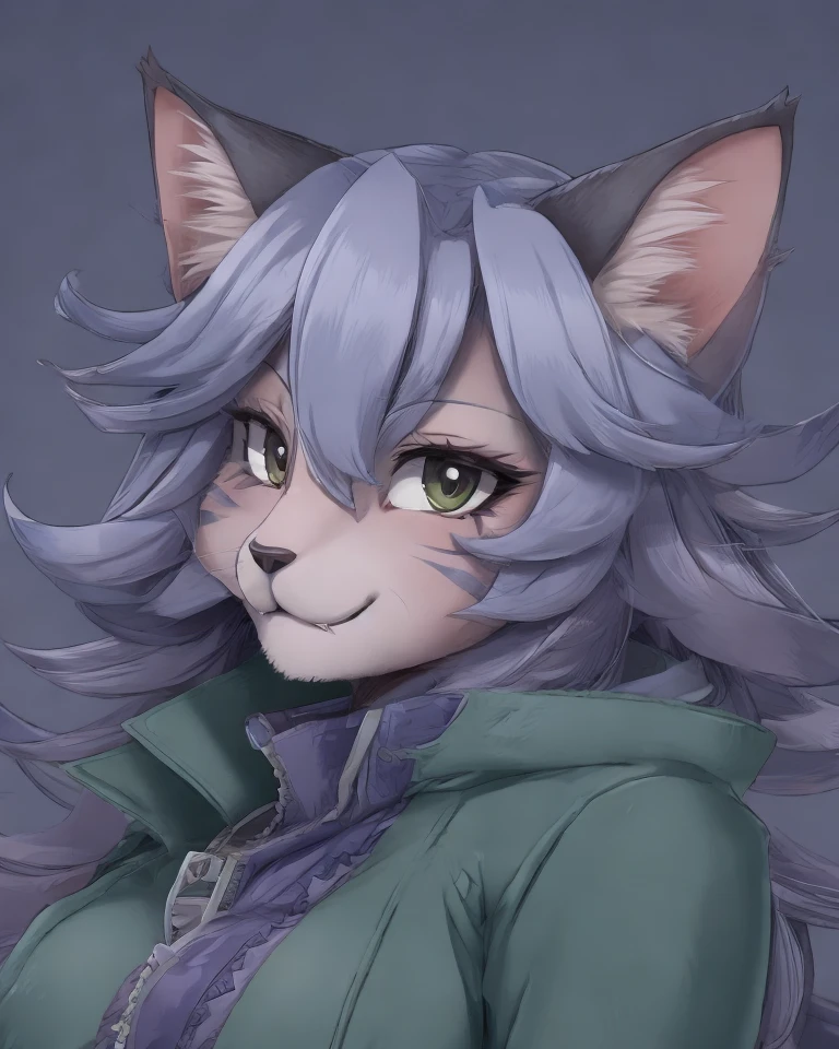 solo, detailed anime, bust portrait, simple background, ,
operakranz, female, feline, (purple fur, purple hair:0.5), clothed, green winter coat, <lora:operakranz:1>