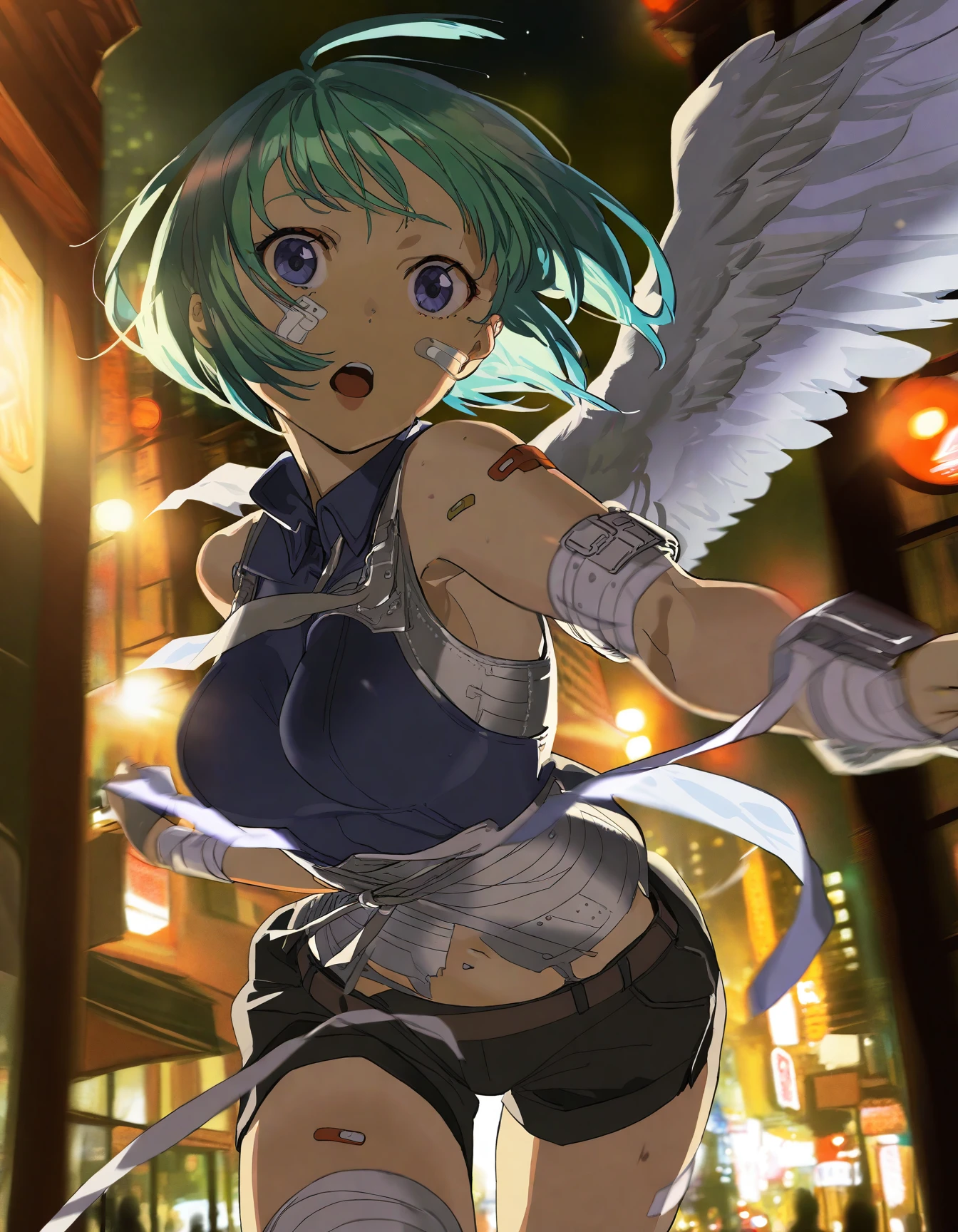1girl, solo, running, breasts, short hair, open mouth, blue eyes, bare shoulders, outdoors, green hair, shorts, sleeveless, solo focus, blurry, aqua eyes, black shorts, building, feathered wings, angel wings, city, bandaged arm, bandaid on face, silhouette, bandaged leg, amazing quality, detailed, <lora:YoneyamaMai:1>