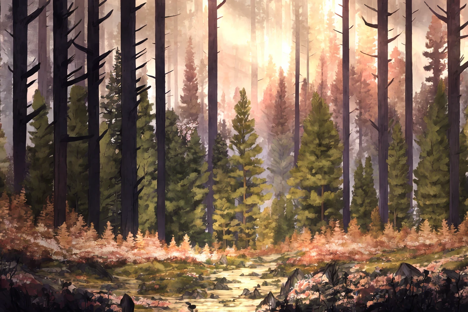 masterpiece, ultra-detailed, best quality, illustration, 8k cg wallpaper, an extremely delicate and beautiful, stunning landscape, forest, trees, bushes, flowers, grass, intricately detailed items in background, <lora:CoL:1>