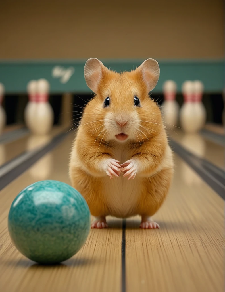 award winning photo, a hamster goes bowling