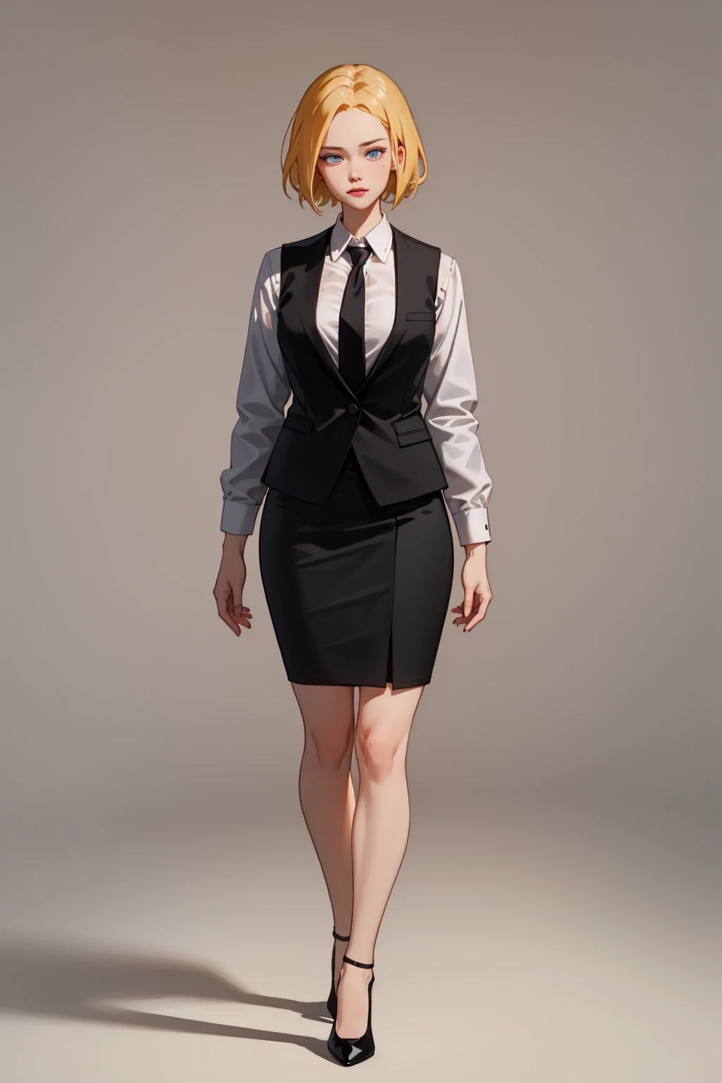 masterpiece, best quality, AgentL, 1girl, solo, blonde hair, short hair, blue eyes, VestSuit, black vest, white shirt, necktie, skirt, high heels, full body, looking at viewer, simple background, solid grey background