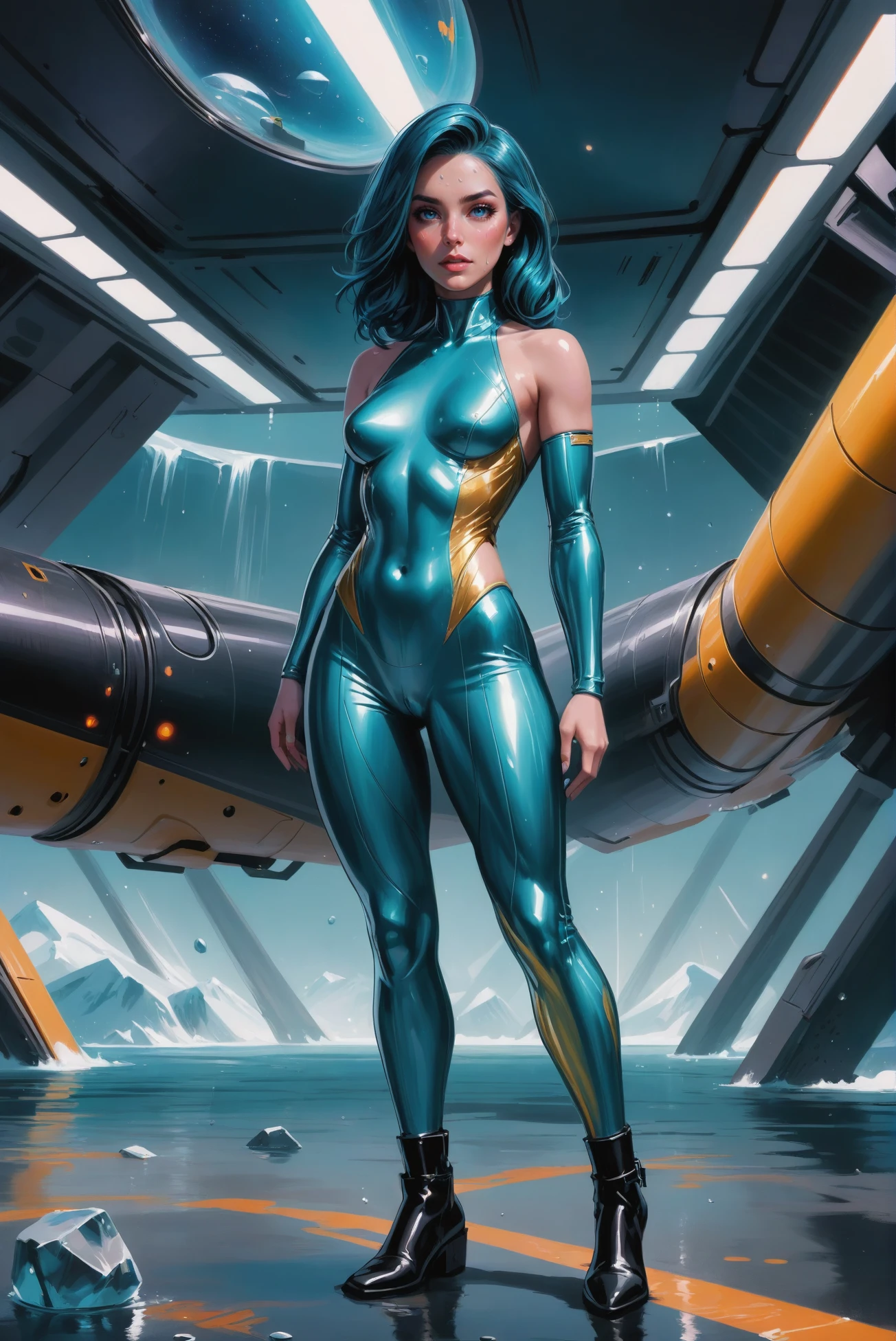 digital painting, 1girl, woman, scifi, nanopunk,rocketpunk, chemist, full body, wearing iridescent deep color:paleturquoise jumpsuit, bombshell hair, reflective color:mediumslateblue metal hair, Wet Look, average figure, caucasian, Iceberg