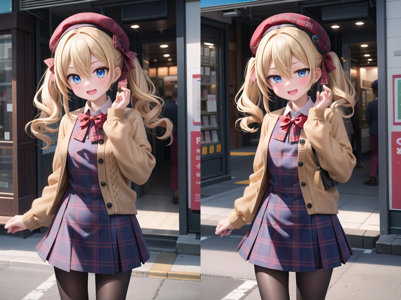 <lora:sensualface_type1_v2:1>
(cleavage:-1.5),
insanely detailed, absurdres, ultra-highres, ultra-detailed, best quality,
1girl, solo, nice hands, perfect hands
BREAK
(vintage-inspired beret with flower pin:1.3), (navy and red plaid dress:1.5), (golden buttons down the front:1.2), (ivory blouse with ruffle detailing and red bow tie:1.4), (peach cardigan with cable knit pattern:1.3), (black tights:1.1), (red Mary Jane shoes:1.2)
, BREAK (nsfw:-1.5)
BREAK
evil seductive smile, open mouth, wavy mouth,
cute pose, cowboy shot
BREAK
slender, kawaii, perfect symmetrical face, ultra cute girl, ultra cute face, ultra detailed eyes, ultra detailed hair, ultra cute, ultra beautiful
BREAK
in harajuku, shibuya, tokyo, street, crowd, cityscape
BREAK
(blonde hair, blue eyes), twintails, hair between eyes