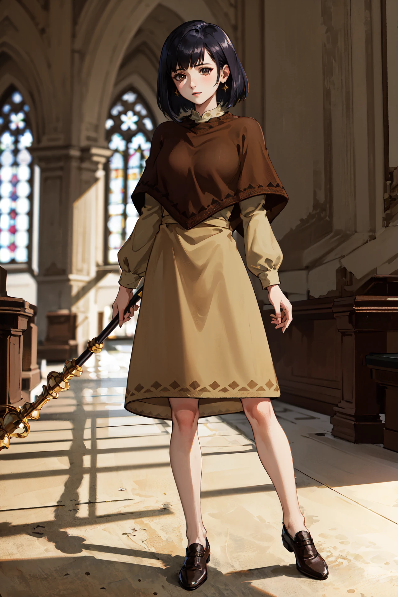 holding_staff,<lora:muirneV1:0.8>,muirne, long sleeves,, shoes, brown dress, capelet,indoors,chapel,(masterpiece, best quality, ultra-detailed, best shadow)