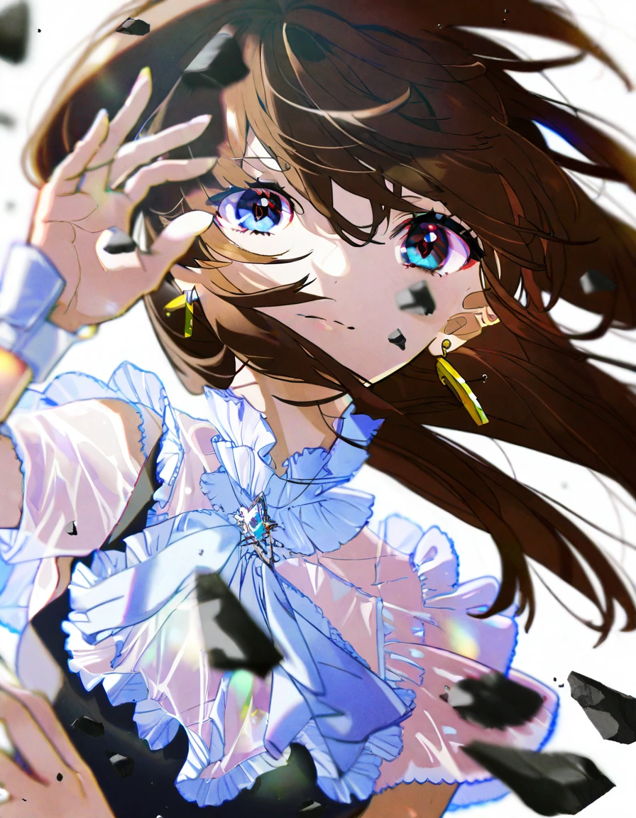 1girl, hand up, upper body, debris, solo, long hair, looking at viewer, see-through, hair between eyes, blue eyes, brown hair, floating hair, bangs, closed mouth, wrist cuffs, short sleeves, earrings, jewelry, frills, blurry, chromatic aberration, white background, amazing quality, detailed, <lora:YoneyamaMai:1>