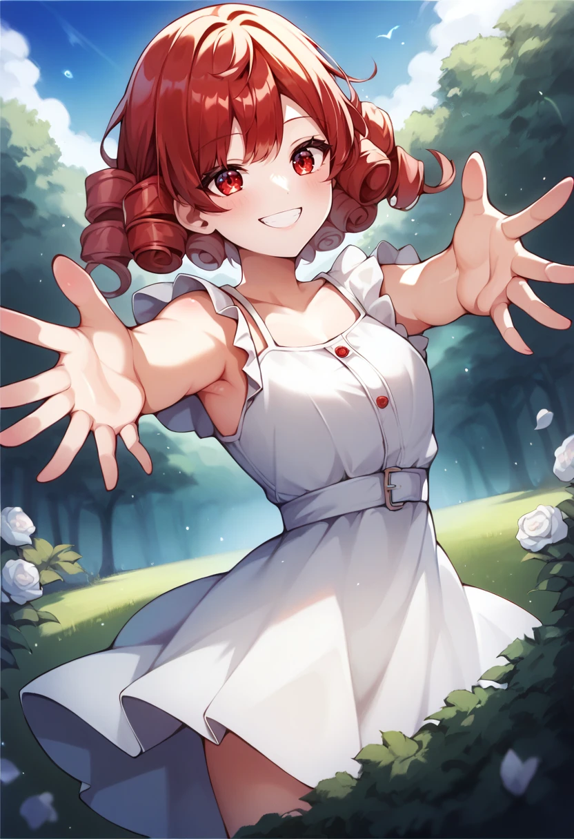 score_9, score_8_up, score_7_up, source_anime, 1girl,red eyes,smile, outdoors, best quality,  red hair, ringlets, outstretched arms,  white sundress,  by doco <lora:Doco-Style-PonyXL-000026:1>