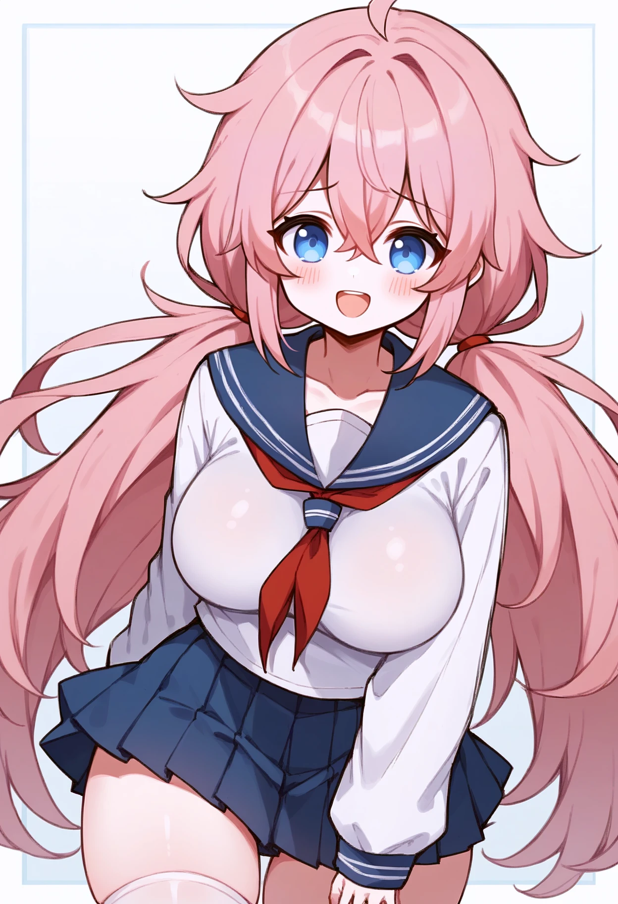 score_9, score_8_up, score_7_up, score_6_up, score_5_up, score_4_up, white background, border, simple background, gradient background,
BREAK
source_anime,
BREAK
1girl, :o, ahoge, light blue eyes,hair between eyes, long hair, low twintails, twintails, very long hair, blush, bangs, pink hair,
open mouth, (light smile:0.8),
pleated skirt, sailor collar, sailor collar, serafuku, long sleeves,
large breasts, white thighhighs,
looking at viewer,
<lora:Clarevoir-v1-PDXL:1>