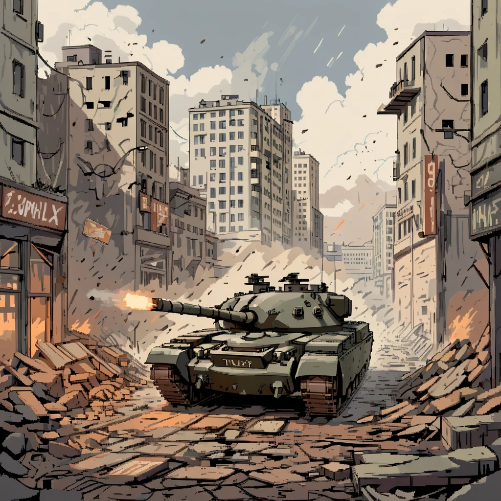 An urban warfare scene featuring a chftntank Mk5 navigating through the rubble-strewn streets of a war-torn city, with damaged buildings and smoke rising in the background ((pulp_comic, heavy_lines, hand_drawn, hand_inked, hand_colored, perfect_face, apxlz))