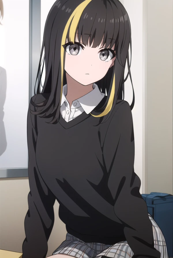 tsubakiandou, <lora:tsubaki andou s1-lora-nochekaiser:1>,
tsubaki andou, long hair, blonde hair, black hair, multicolored hair, streaked hair, (grey eyes:1.3),
BREAK skirt, shirt, pantyhose, collared shirt, sweater,
BREAK indoors, office,
BREAK looking at viewer, dynamic pose,
BREAK <lyco:GoodHands-beta2:1>, (masterpiece:1.2), best quality, high resolution, unity 8k wallpaper, (illustration:0.8), (beautiful detailed eyes:1.6), extremely detailed face, perfect lighting, extremely detailed CG, (perfect hands, perfect anatomy),
